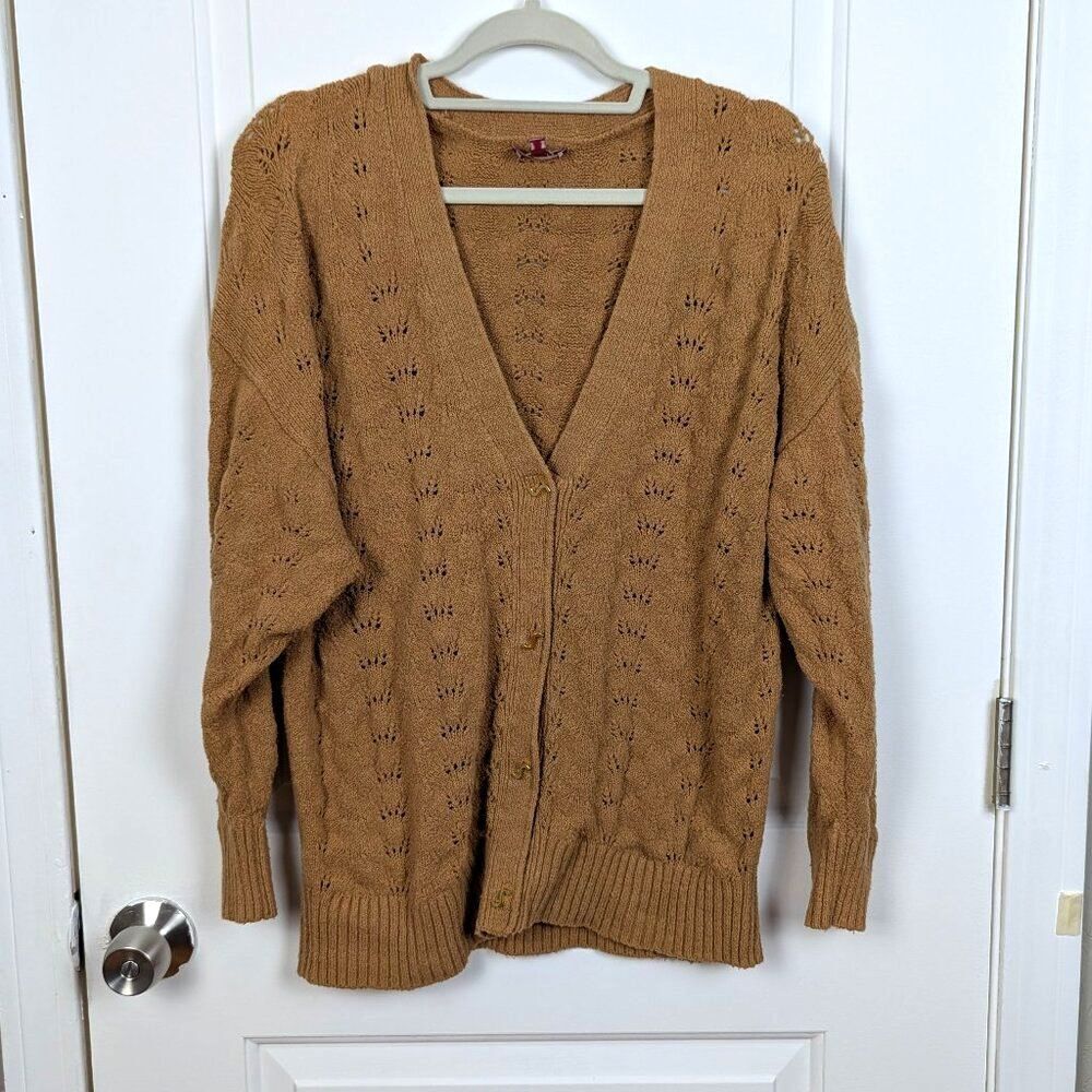 STAUD | Tan Eyelet Knit Button Front Cardigan Sweater Size Medium